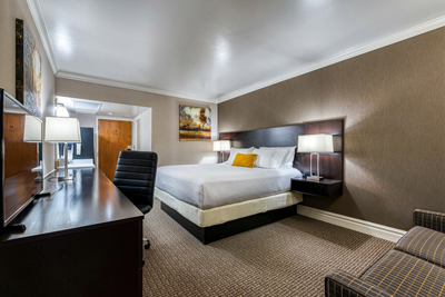 Hotel room with a queen-sized bed, couch, desk with chair and lamp, and a TV.